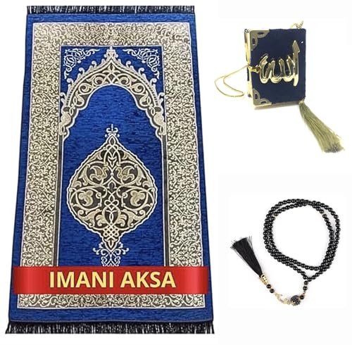 Imani Aksa Muslimisches Geschenkset (Gebetsteppich, Tasbih), Gebetsteppich, muslimische Gebetsteppich, Islam-Ramadan, Eid Hajj, Umrah, Hochzeit, Geburt, Mevlid Muslim (blau) von Imani Aksa