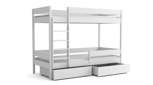 Etagenbett 2 Kinder mit Matratzen DONALD - Weiß Bunk Bed aus Kiefer - Stockbett für 2 Kinder mit Leiter - Modern Kinder Etagenbett - Kinder Doppelbett aus Holz - mit Zwei Schubladen - 180 x 90 x 160cm von Imebel