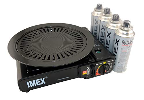 IMEX Camping Gaskocher Set Butan-Kocher im Tragekoffer mit 4 Gaskartuschen + Imex Grillaufsatz Grillplatte von Imex