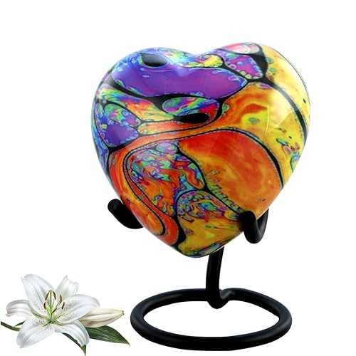 Modern Print Keepsake Urn - Buntes Herz-Kremationsurne für Asche - Handgefertigtes Tie-Dye-Urne mit Ständer, Samtetui und Tasche von Immortal-Memories