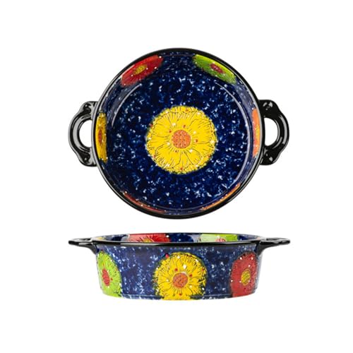 Exotische Backschüssel aus Keramik mit hoher Kapazität, Multifunktions-Einzelgriffschüssel für Ramen-Nudeln, runde binaurale Suppenschüssel, Küchengeschirr für die Spülmaschine(Size:A,Color:Blume) von ImockA