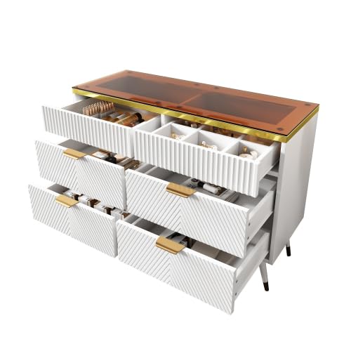 Imoncom Kommode Sideboard aus Bernstein Glas, 120 x 40 x 76 cm weiß Sideboard mit 6 Schubladen Facheinteilung Kippsicher Eiche Hochschrank für Wohnzimmer, Esszimmer und Büro von Imoncom