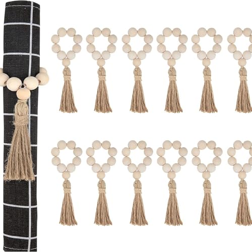 Wood Bead Tassel Napkin Rings - 12-Pack Elastic Adjustable Handwoven Jute Napkin Holders for Dining Table & Dinner Party Decoration von Imoncom