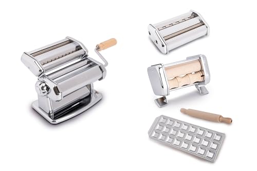 Imperia Fabbrica della Pasta Classica Linie. Geschenkset Nudelmaschine mit Zubehör. Made in Italy. Set bestehend aus Frischpastamaschine, Ravioliform, verstellbarem Nudelschneider und Millegnocchi. von Imperia