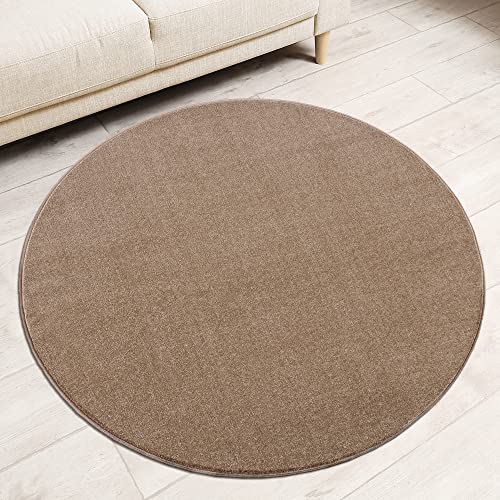 Impression Kurzflor-Wohnzimmerteppich - Schlichte Moderne Teppiche für Schlafzimmer, Büro, Flur, Küche, Kinderzimmer - Beige, 120 cm Rund von Impression