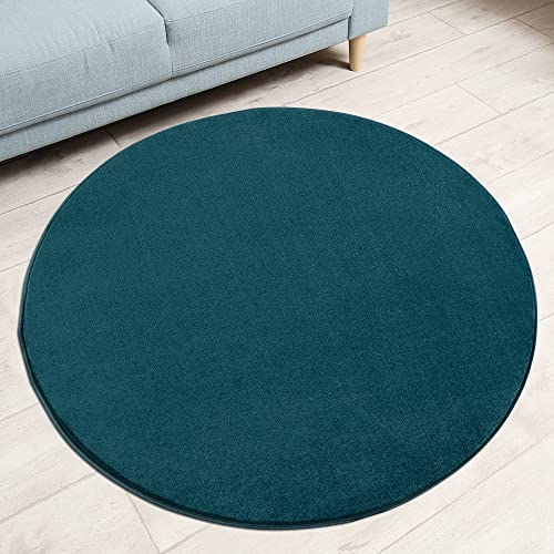 Impression Kurzflor-Wohnzimmerteppich - Schlichte Moderne Teppiche für Schlafzimmer, Büro, Flur, Küche, Kinderzimmer - Dunkelblau, 120 cm Rund von Impression