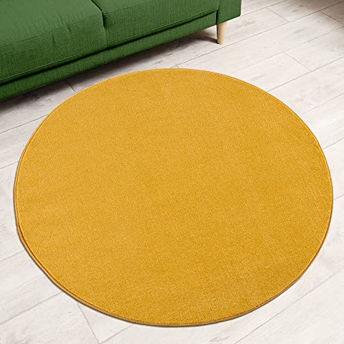 Impression Kurzflor-Wohnzimmerteppich - Schlichte Moderne Teppiche für Schlafzimmer, Büro, Flur, Küche, Kinderzimmer - Gelb, 150 cm Rund von Impression