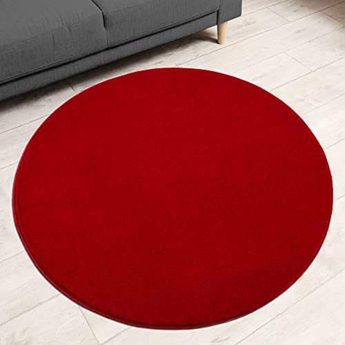 Impression Kurzflor-Wohnzimmerteppich - Schlichte Moderne Teppiche für Schlafzimmer, Büro, Flur, Küche, Kinderzimmer - Rot, 120 cm Rund von Impression