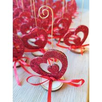 Set 6 Platzhalter Rotes Herz Glitzern Aus Holz Und Messing, Mit Bogen, Anpassbar von ImprontaCreativaShop