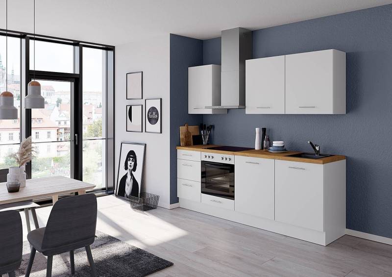 home24 Küchenzeile Impuls 230 cm 230 x 221 x 60cm Ausrichtung rechts Weiß/Weiß mit Elektrogeräten von home24