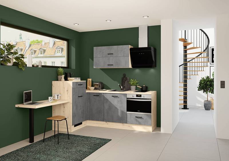 home24 Küchenzeile Impuls HomeOffice 466 x 205 x 60cm Ausrichtung links Grau/Beton Dunkel Dekor mit Elektrogeräten von home24