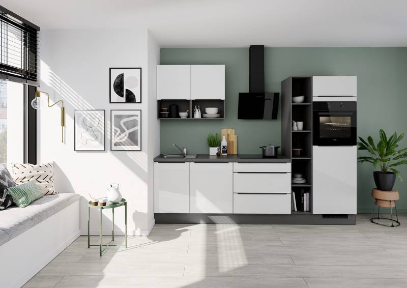 home24 Küchenzeile Impuls mit Regal 280 x 235 x 60cm Ausrichtung rechts Weiß/Hochglanz Weiß mit Elektrogeräten von home24