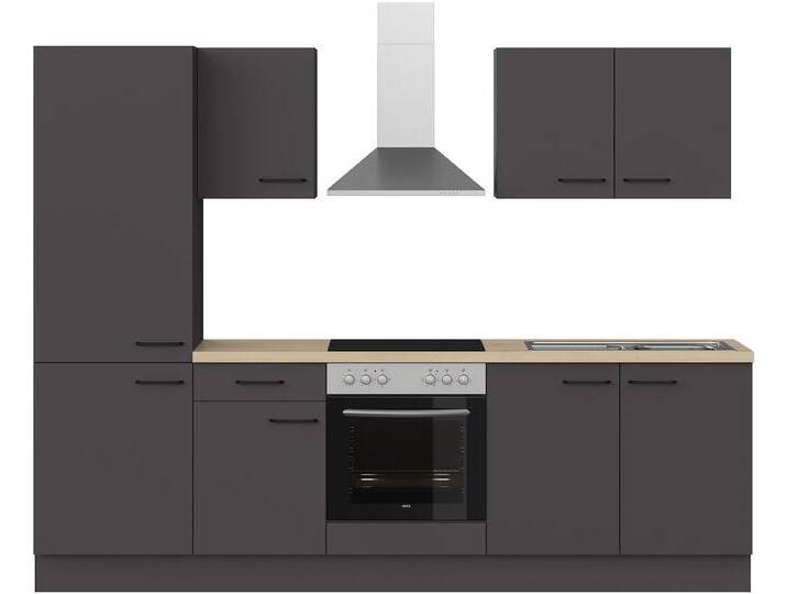 Küchenzeile IMPULS KÜCHEN  Tirana , Ausrichtung wählbar, Schubkästen mit Soft-Close , grau (front: grafit, korpus: grafit, arbeitsplatte: eiche, nachbildung hell), B:270cm H:206,2cm T:60cm, Komplettküchen-Sets, Küchenzeile, vormontiert, wahlweise mit E-Geräten, mit Vollauszug, Breite 270 cm von Impuls