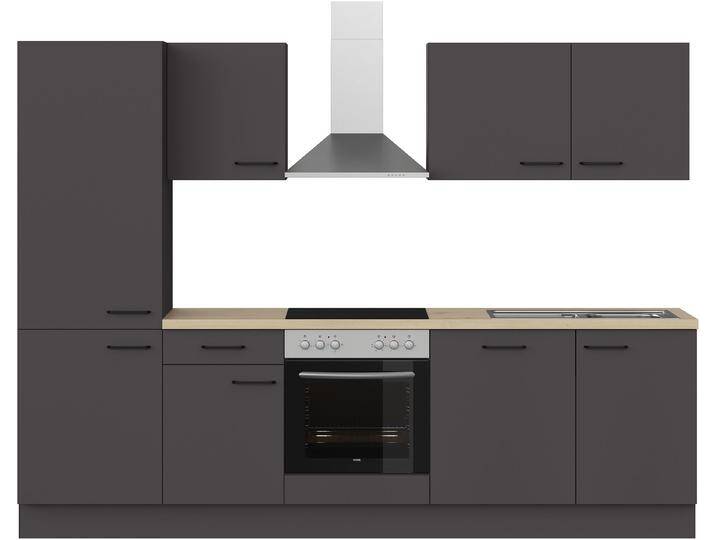 Küchenzeile IMPULS KÜCHEN  Tirana , Ausrichtung wählbar, Schubkästen mit Soft-Close , grau (front: grafit, korpus: grafit, arbeitsplatte: eiche, nachbildung hell), B:280cm H:206,2cm T:60cm, Komplettküchen-Sets, Küchenzeile, vormontiert, wahlweise mit E-Geräten, mit Vollauszug, Breite 280 cm von Impuls