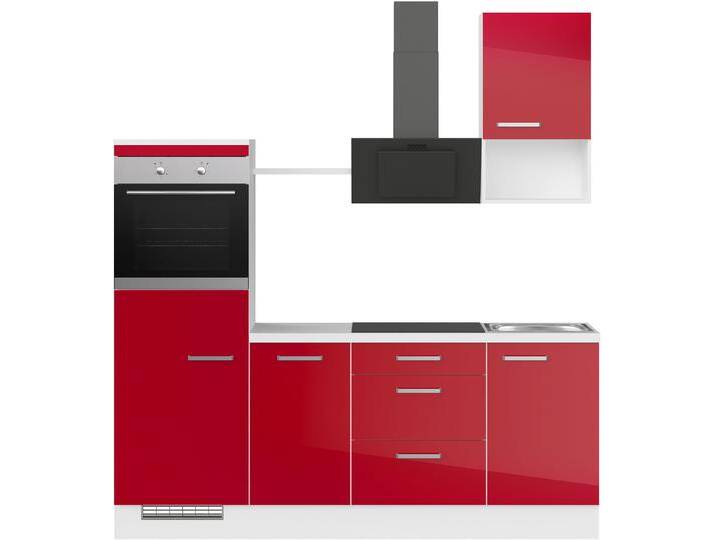Küchenzeile IMPULS KÜCHEN  Turin , Ausrichtung wählbar, Schubkästen mit Soft-Close , rot (front: rot hochglanz, korpus: weiß, arbeitsplatte: carrara weiß), B:215cm H:235cm T:60cm, Komplettküchen-Sets, vormontiert, wahlw. mit E-Geräten, Breite 215 cm von Impuls