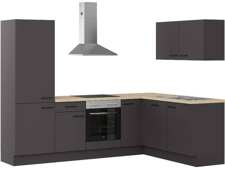 Winkelküche IMPULS KÜCHEN  Tirana , Ausrichtung wählbar, Schubkästen mit Soft-Close , grau (front: grafit, korpus: grafit, arbeitsplatte: eiche, nachbildung hell), B:450cm H:206,2cm T:60cm, Komplettküchen-Sets, Küchenzeile, vormontiert, wahlweise mit E-Geräten, mit Vollauszug von Impuls