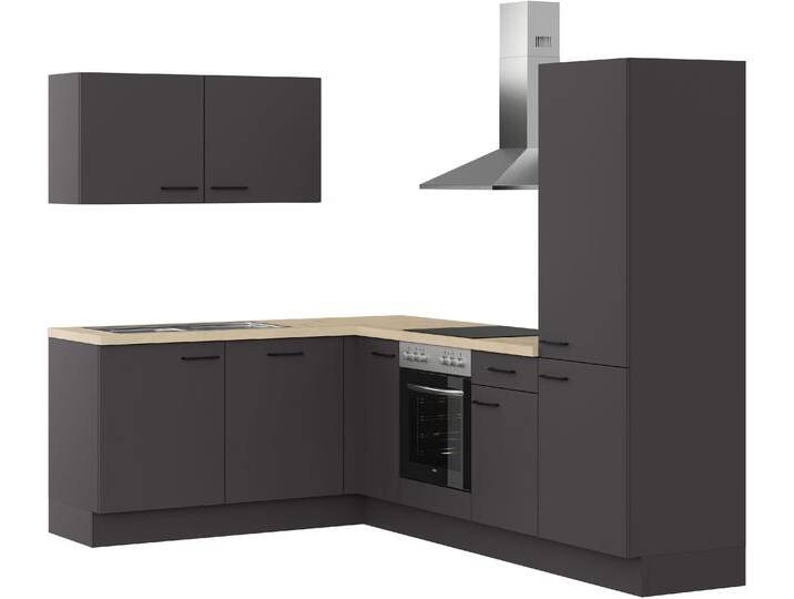Winkelküche IMPULS KÜCHEN  Tirana , Ausrichtung wählbar, Schubkästen mit Soft-Close , grau (front: grafit, korpus: grafit, arbeitsplatte: eiche, nachbildung hell), B:450cm H:206,2cm T:60cm, Komplettküchen-Sets, Küchenzeile, vormontiert, wahlweise mit E-Geräten, mit Vollauszug von Impuls
