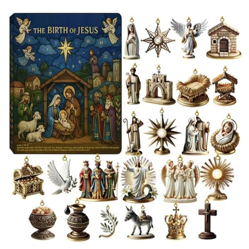 Imtrub Countdown-Kalender mit Weihnachtsschmuck, Countdown-Kalender mit 24 Jesus-Anhängern, 2D-Sammelstück, religiös für Erwachsene, Kinder, Studenten, Teenager, Familie, Freunde von Imtrub