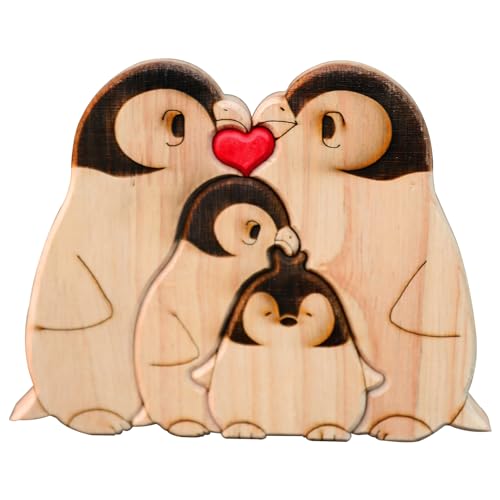 Imtrub Pinguin-Familie personalisiertes Kunstpuzzle aus Holz, Pinguin-Familie Holzskulptur Desktop-Esstischdekoration Wohndekoration, Familien, Holzpuzzle für Mama und Papa von Imtrub