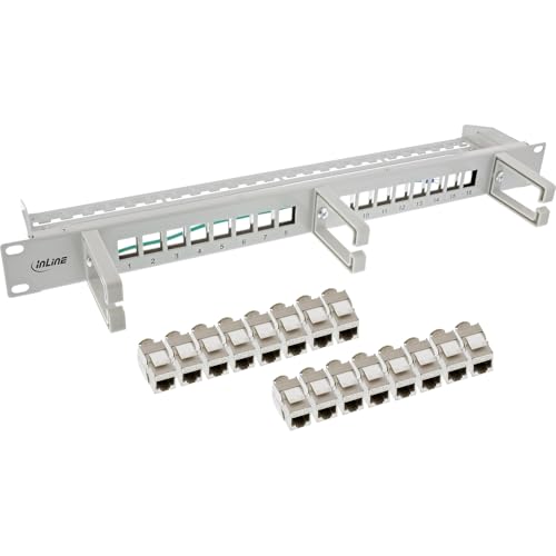 InLine Patchfeld Cat.6A 16-Fach – 19" 1HE, 16 Keystone-Ports, 10Gb/s & PoE++, Integrierte Kabelführung, Robustes Metallgehäuse, lichtgrau, 76822C von InLine