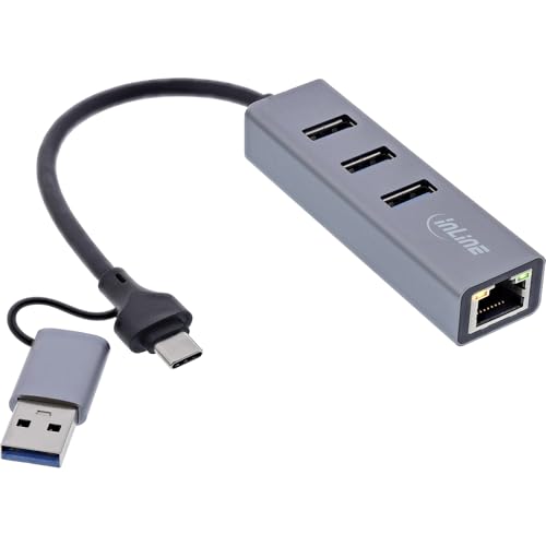 Inline 4in1 USB auf Ethernet Adapter, USB-C auf RJ45 Gigabit LAN Netzwerkadapter, mit 3 USB-A Ports (3.2 Gen.1), für MacBook, Windows, Linux, 33380S von InLine
