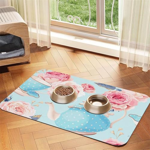 Blumen Rosen Vintage Teekanne Tassen，Futtermatte für Haustiere, Tischsets aus PU-Leder für Katzen und Hunde,30x45cm von InOmak