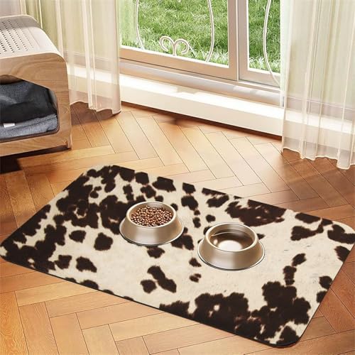 Cowhide with Black and Brown Spots,Waterproof Pet Feeding Mat,PU Leather Placemats for Cat Dog Water Bowl,Food Mats,40x60cm von InOmak