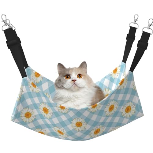 InOmak Retro Gänseblümchen Blumen Blau Karomuster, Katzenhängematte, weiches, doppelseitiges Hängebett für kleine Hunde und Haustiere,L von InOmak
