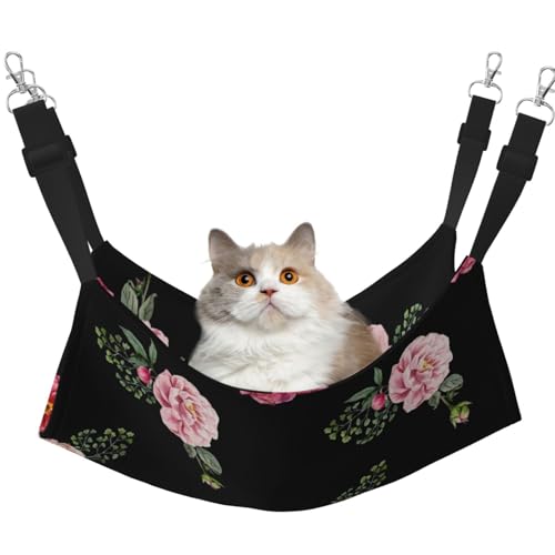 InOmak Rosa rote Rosen Vintage Blumen auf schwarzem Muster, Katzenhängematte, weiches, doppelseitiges Hängebett für kleine Hunde und Haustiere,M von InOmak
