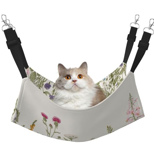 InOmak Vintage Blumenrand Kräuter und Wildblumen botanische Gravur Stil Feld Vegetation, Katzenhängematte, weiches, doppelseitiges Hängebett für kleine Hunde und Haustiere,M von InOmak