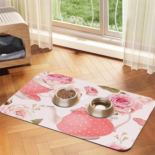 Rosa Teekanne Bedruckt，Futtermatte für Haustiere, Tischsets aus PU-Leder für Katzen und Hunde,30x45cm von InOmak