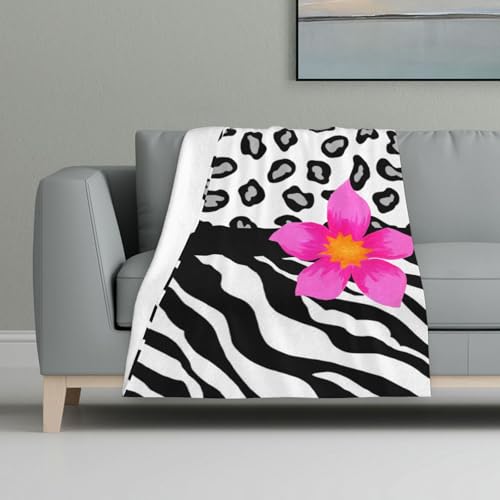 Schwarz-Weiß-Zebra und Gepard Haut und rosa Blume,Decke, warme Anti-Pilling-Flanell-Plüsch-Überwurfdecke, 81 x 122 cm von InOmak