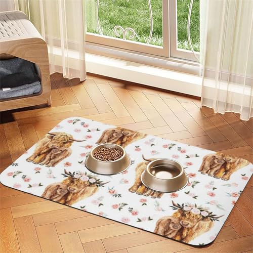 Spring Pink Floral Scottish Highland Cow,Waterproof Pet Feeding Mat,PU Leather Placemats for Cat Dog Water Bowl,Food Mats,40x60cm Spring Pink Floral Scottish Highland Cow,Waterproof Pet Feeding Mat,PU Leather Placemats for Cat Dog Water Bowl,Food Mats,40x60cm von InOmak