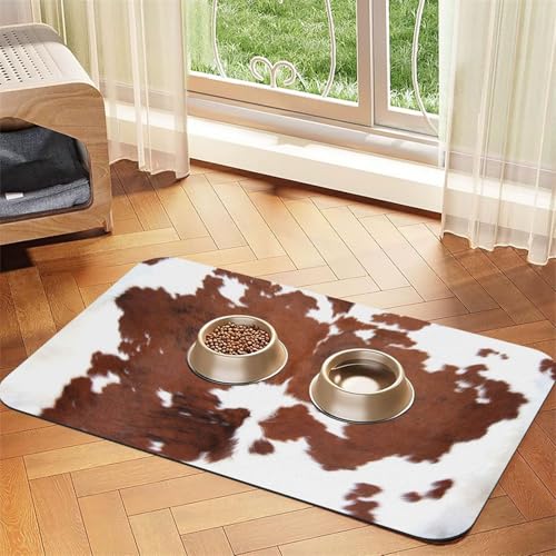 Tier Braun Kuhfell Druck Kuh，Futtermatte für Haustiere, Tischsets aus PU-Leder für Katzen und Hunde,40x60cm von InOmak