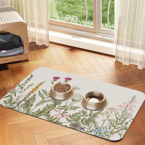 Vintage Blumenrand Kräuter und Wildblumen botanische Gravur Stil Feld Vegetation，Futtermatte für Haustiere, Tischsets aus PU-Leder für Katzen und Hunde,30x45cm von InOmak