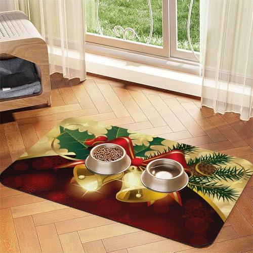 Weihnachten Rotes Band Goldglocken,Futtermatte für Haustiere, Tischsets aus PU-Leder für Katzen und Hunde,30x45cm Weihnachten Rotes Band Goldglocken,Futtermatte für Haustiere, Tischsets aus PU-Leder für Katzen und Hunde,30x45cm von InOmak