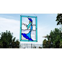 Frau Linie Kunst Buntglas Panel, Blaue Glasmalerei Wandkunst, Fenster Hängende Sonnenfänger, Illustration, Fensterdekor von InStudio999Glass