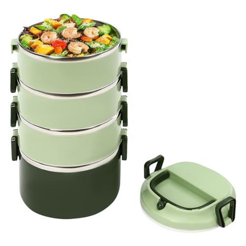 InSyoForeverEC 4 Stufige stapelbare Lunchbox Edelstahl Mehrschichtige Vorratsbehälter Brotdose für Lebensmittel, Lunchbox mit Fächern Bento-Box （Grün） von InSyoForeverEC