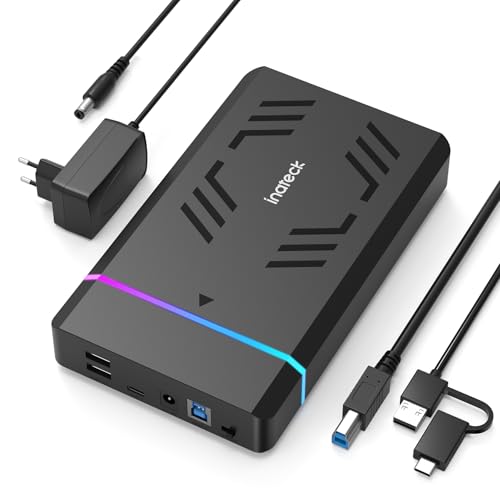 Inateck RGB 3.5 Zoll Festplattengehäuse, USB 3.0 Externes Festplattengehäuse für 2.5''/3.5'' SATA HDD und SSD, mit Erweiterungsanschlüssen und 12V/2A Stromadapter, unterstützt bis zu 20TB, FE3003 von Inateck