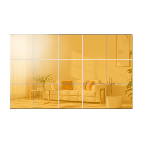 Incauca 15 Stück Acryl Flexible Spiegelblätter, 15 x 15 cm Selbstklebende Spiegelfliesen Nicht-Glas Spiegelaufkleber, Abnehmbare quadratische Spiegeleinstellung Wandaufkleber Aufkleber (Gold) von Incauca
