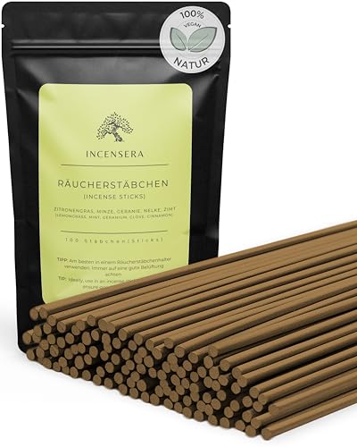 Räucherstäbchen – 100 Incense Sticks Mix (Zitronengras, Minze, Geranie, Nelke, Zimt) – natürlicher Sommerduft – Meditation, Yoga & Rauhnächte von Incensera