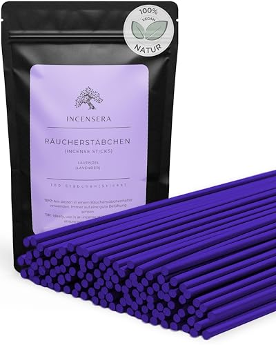 Räucherstäbchen Lavendel – 100 Incense Sticks – Lavendel-Duft für Entspannung, Meditation, Yoga, Schlaf & Rauhnächte – naturrein & natürlich – Geschenkset von Incensera