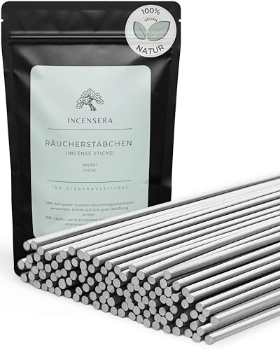 Räucherstäbchen Salbei – 100 Incense Sticks – naturrein & natürlich – Reinigung negativer Energie, Meditation, Yoga, Rauhnächte & Entspannung – Geschenkset von Incensera