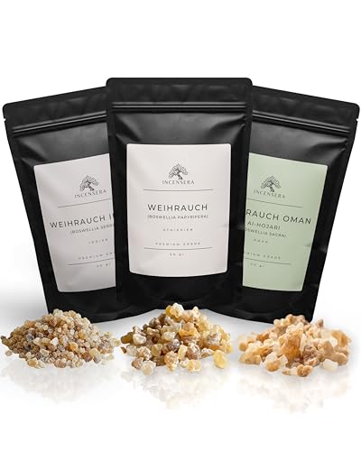Weihrauch Set – 150 g Räucherharze (3x50 g) – Weihrauch aus Oman, Äthiopien & Indien – Räucherset für Rauhnächte, Hausreinigung & Anfänger – Räucherwerk Set für Esoterik von Incensera