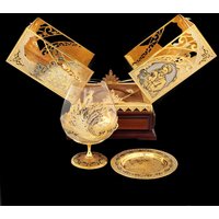 Set Für Cognac "Oriental Tale" Nickel, Gold, Glas, Walnuss, Zirkonia Schönes Graviertes Set Luxus Geschenk Bestes von InciGallery