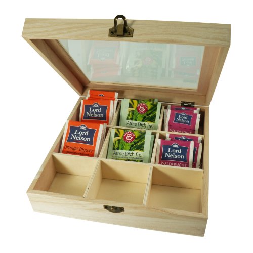 Incutex Aufbewahrungsbox aus Holz, Teebeutelbox, Teekiste, Teebox, Teedose Holz mit 9 Fächern und Sichtfenster von Incutex
