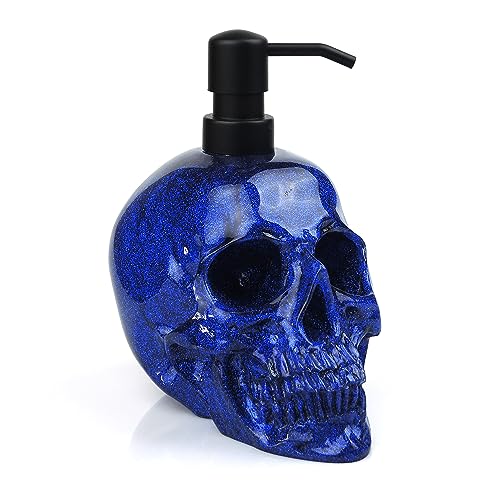 Indecor Home Halloween-Seifenspender für Küchenarbeitsplatte, Badezimmerspüle, 100% Harz, für Handseife, Spülseife, Lotion, Händedesinfektionsmittel (glitzernder blauer glänzender Totenkopf) von Indecor Home