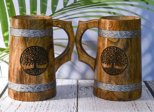 India House Bierkrug für Ihn / 625 ml Holz-Bierkrug - Hochzeits- und Geburtstagsgeschenke (Set mit 2 Mango-Holz-Bierkrug mit beidseitiger Gravur) von India House