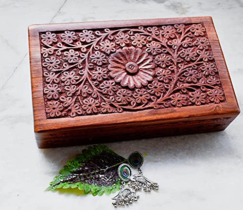 India House Holzkiste für Andenken, Aufbewahrung, vielseitig verwendbar, handgeschnitzt, Mehrzweckbox, Schmuckbox (Design 6) von India House