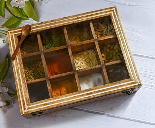 India House - Masala Dabba Indian Wooden Spice Box with Glass Top and Spoon (12 inch, mango wood) von India House